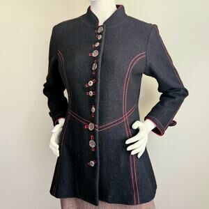 Icelandic Design 100% Wool Coat Military Artsy Buttons Goth Black Red Women's S